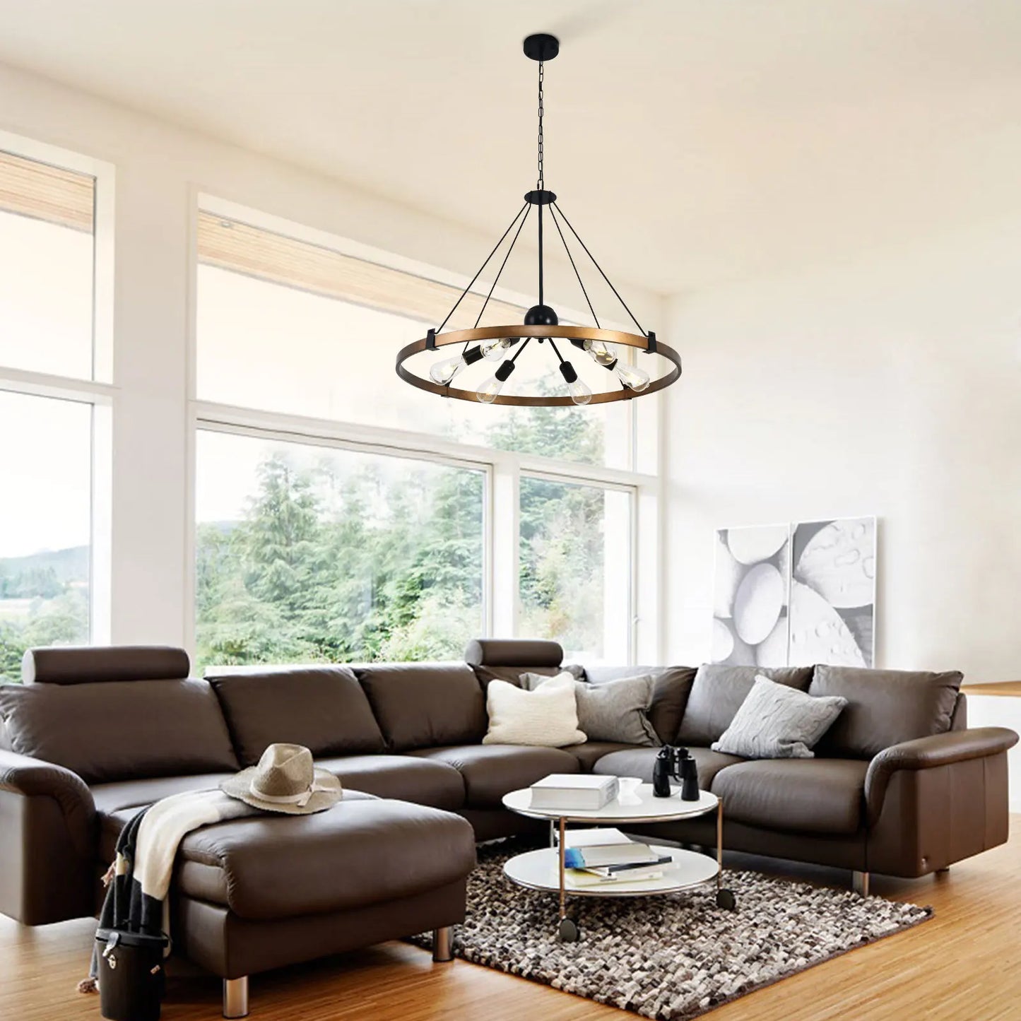 6-Light Large Chandelier 31.5inch, Round Chandelier for Dining Room, Industrial Metal Light Fixture for Living Room