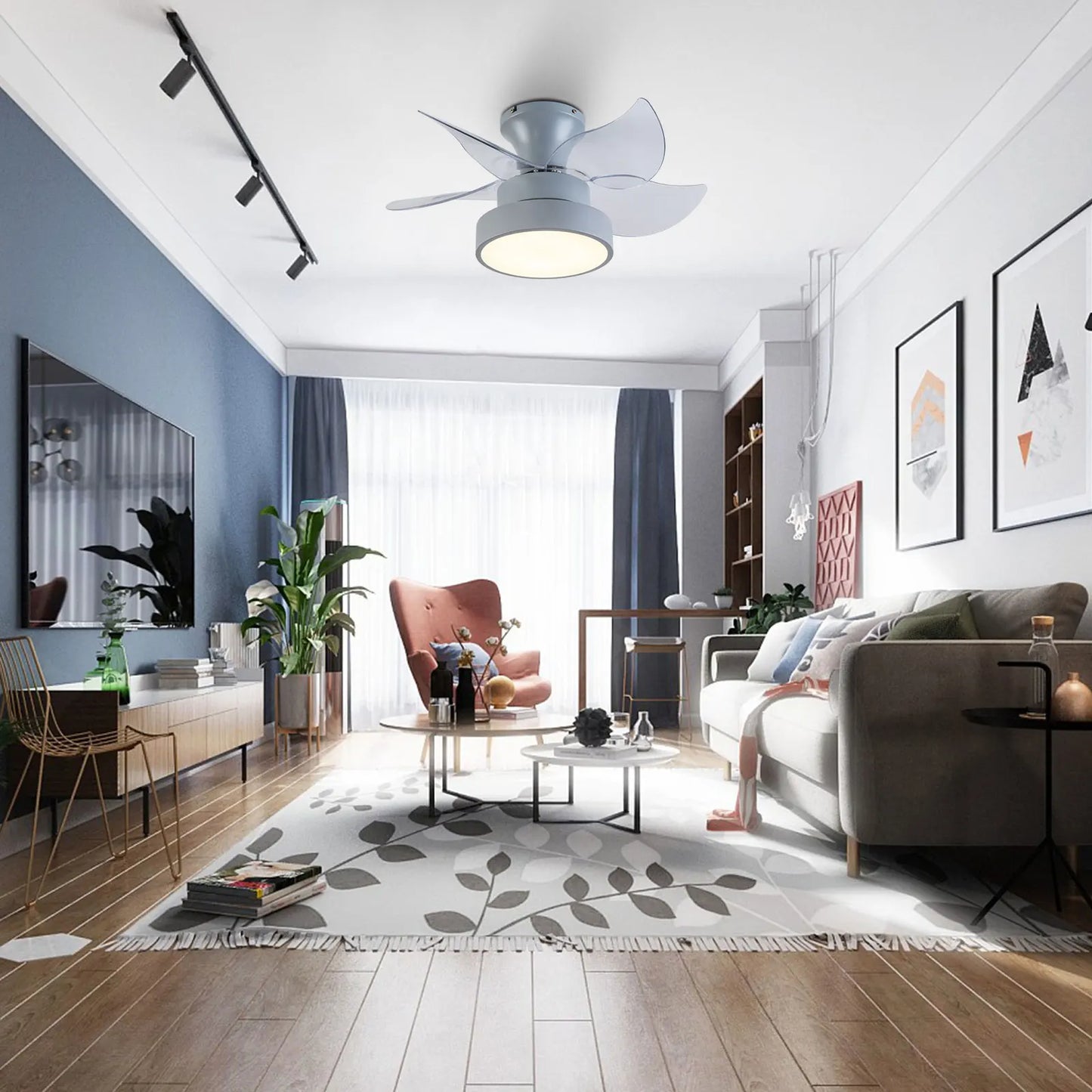 23 Inch Fan Pendant Light Gray - Tri Color Dimming Strip Remote Control for Bedroom, Study, Living Room