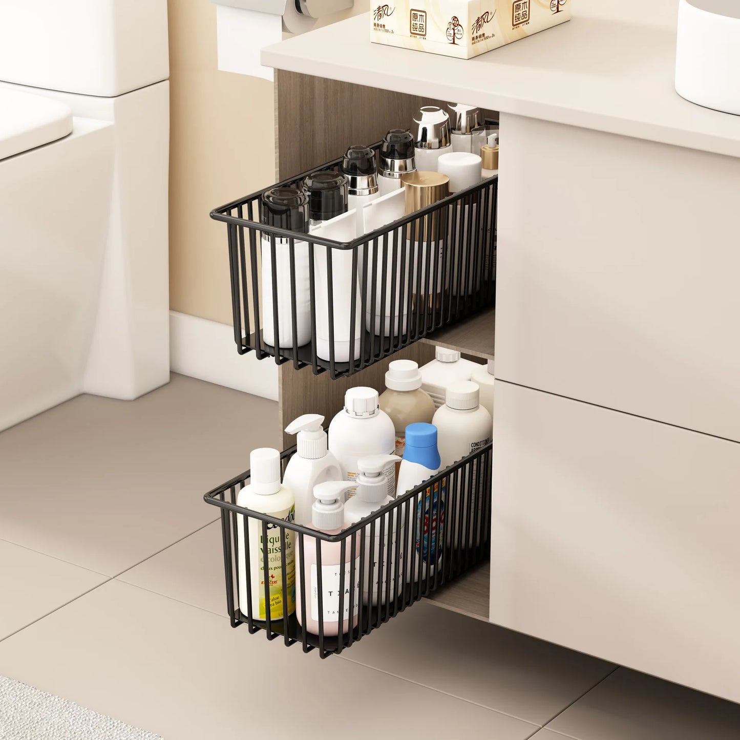 Pull Out Cabinet Organizer, 2 Pack Slide Out Drawers Pantry Shelves Under Sink Clutter Organizer, Storage for Kitchen Bathroom