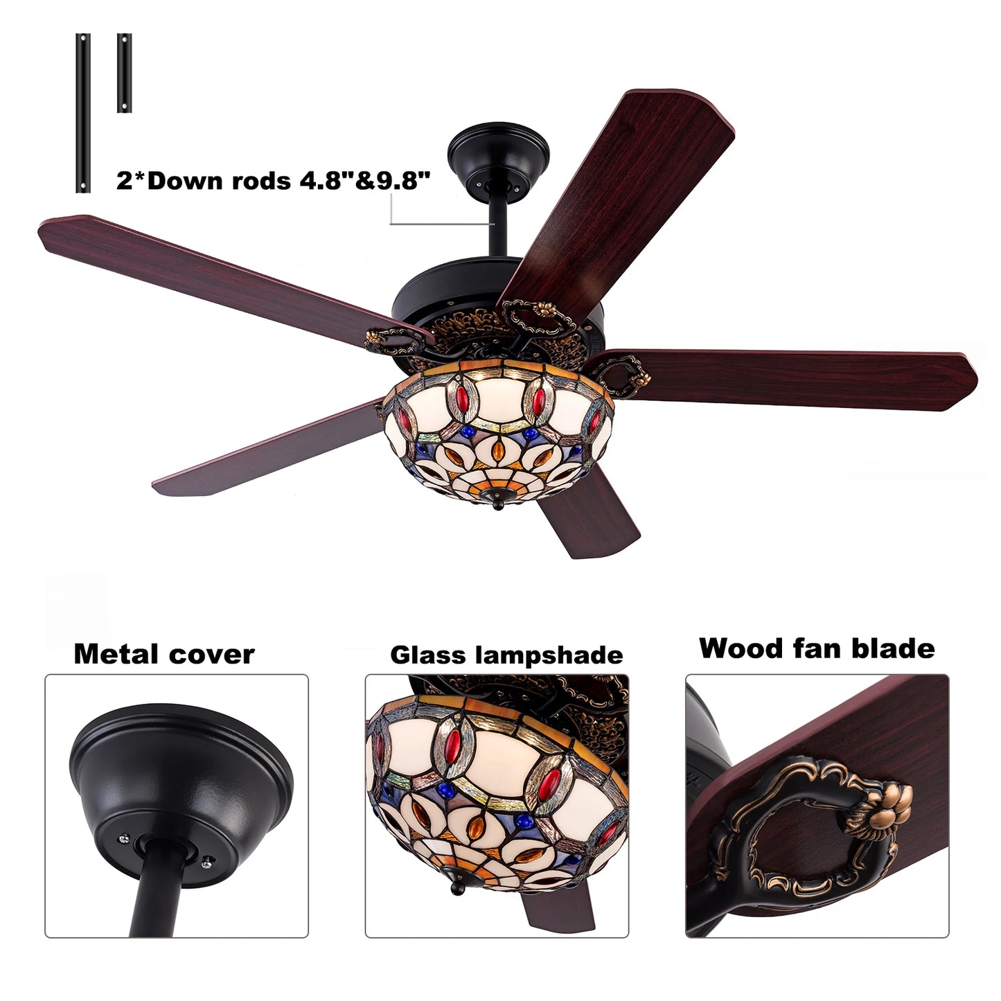 52'' Tiffany Ceiling Fan with 3 Lights + Remote Control Wooden Ceiling Fan