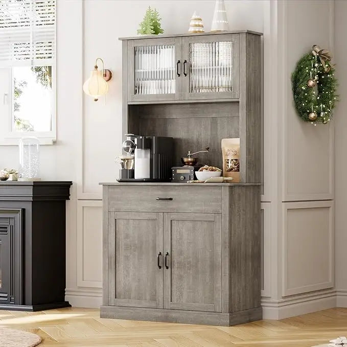 Kitchen Pantry Cabinet, 71 in Tall Kitchen Hutch Storage Cabinet with Microwave Stand, Freestanding Buffet Glass Doors for Dinin