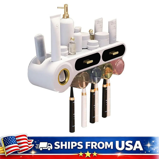 Toothbrush Holder Wall Mounted with Automatic Toothpaste Dispenser and Drawer Storage No Drilling Required for Bathroom and Kids