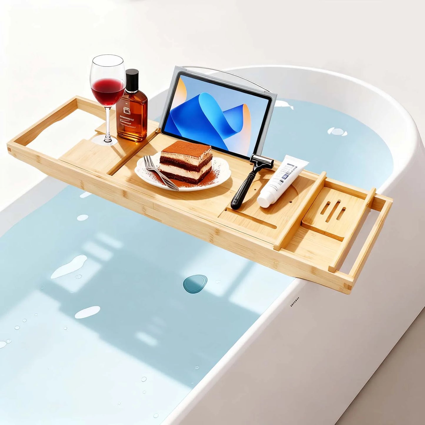 Expandable Bamboo Bathtub Tray 29.5-42.9in Waterproof Bath Caddy with Wine Glass Holder for Bathroom Organizer