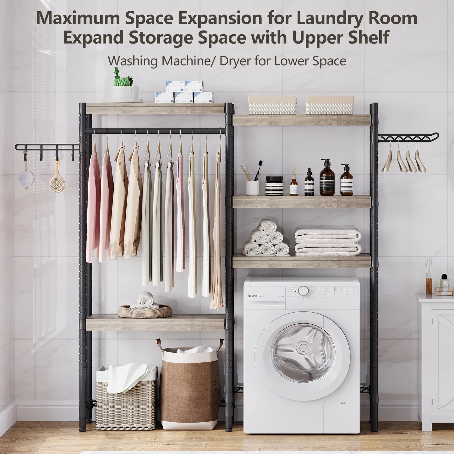 Over the Washer Dryer Shelf, 5-Tier Wood Laundry Organizer with Adjustable Height & Drying Rack for Laundry Room, Bathroom