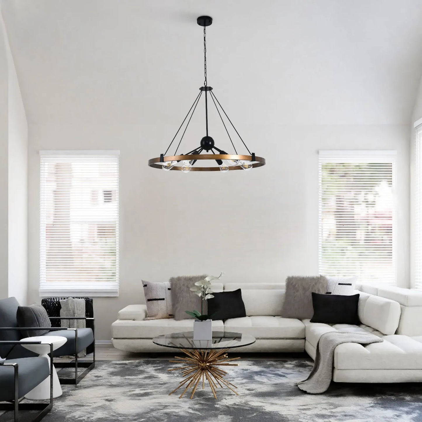 6-Light Large Chandelier 31.5inch, Round Chandelier for Dining Room, Industrial Metal Light Fixture for Living Room