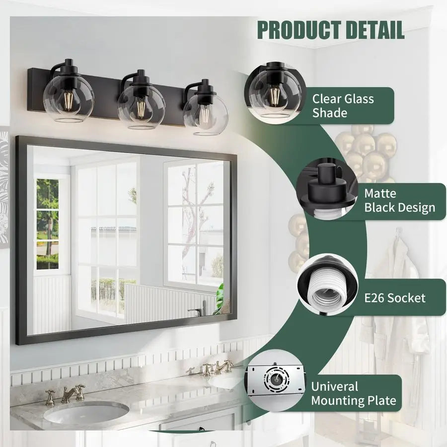 Bathroom Light FixturesMatte Black Vanity Lights for Bathroom, Modern Black Vanity Lights 3Light Bathrooms Lighting Fixtures Ove