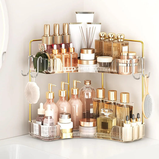 2-Tier Corner Bathroom Counter Organizer with Hooks for Skincare and Makeup Storage, Clear Design
