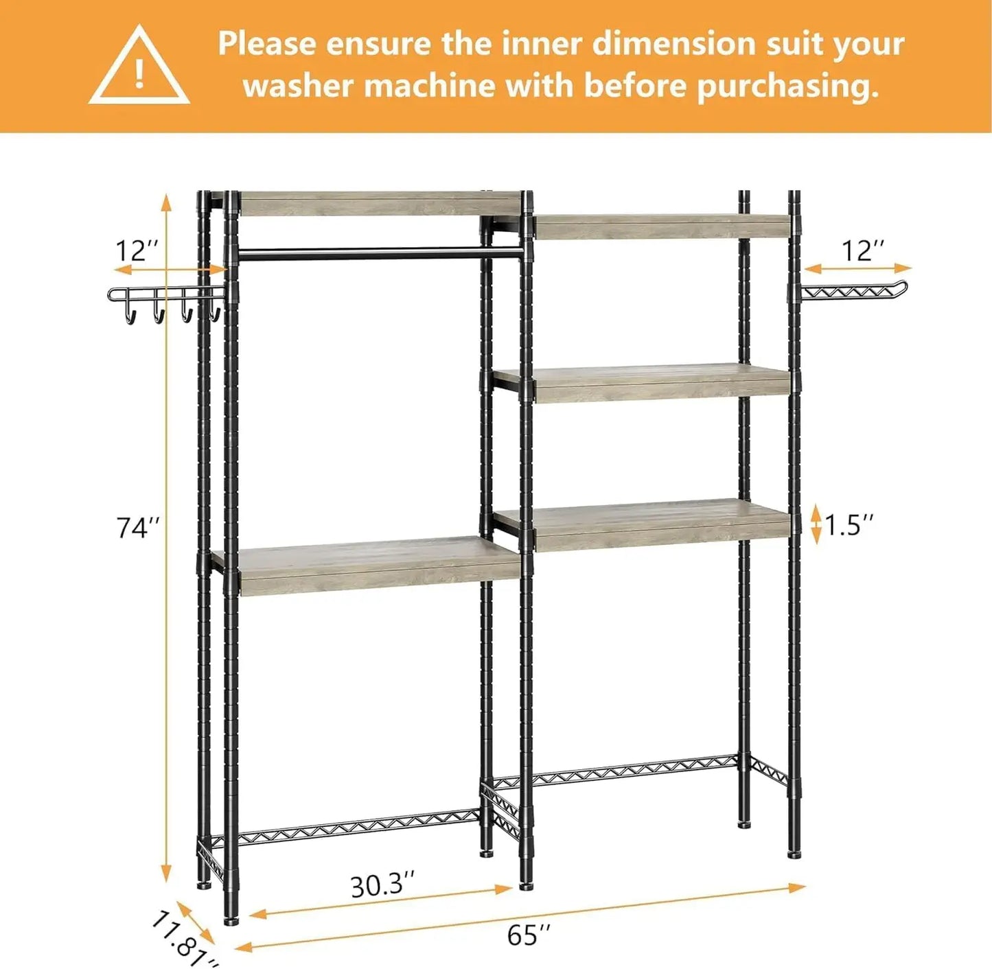 Over the Washer Dryer Shelf, 5-Tier Wood Laundry Organizer with Adjustable Height & Drying Rack for Laundry Room, Bathroom