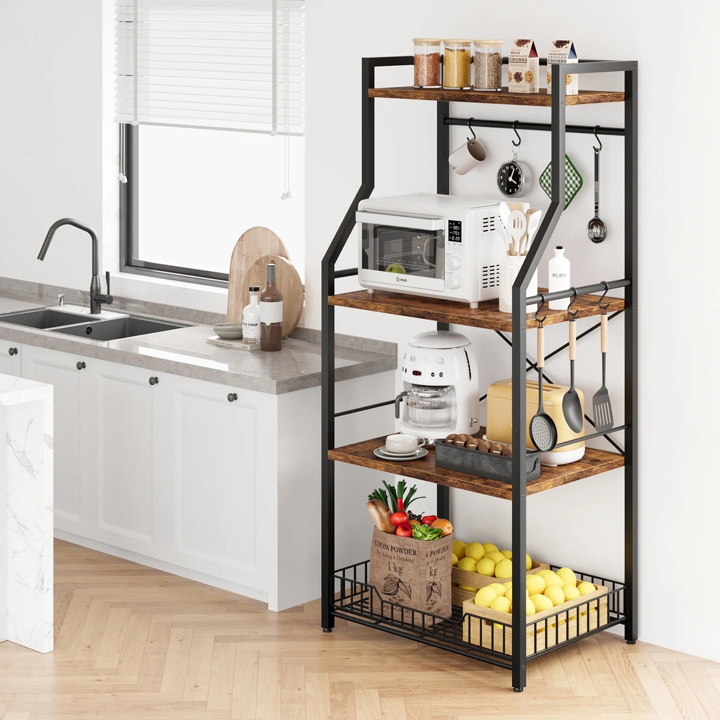 Kitchen Bakers Rack, Microwave Oven Stand with Large Wire Basket, 4-Tier Kitchen Utility Storage Shelf Coffee Bar Station