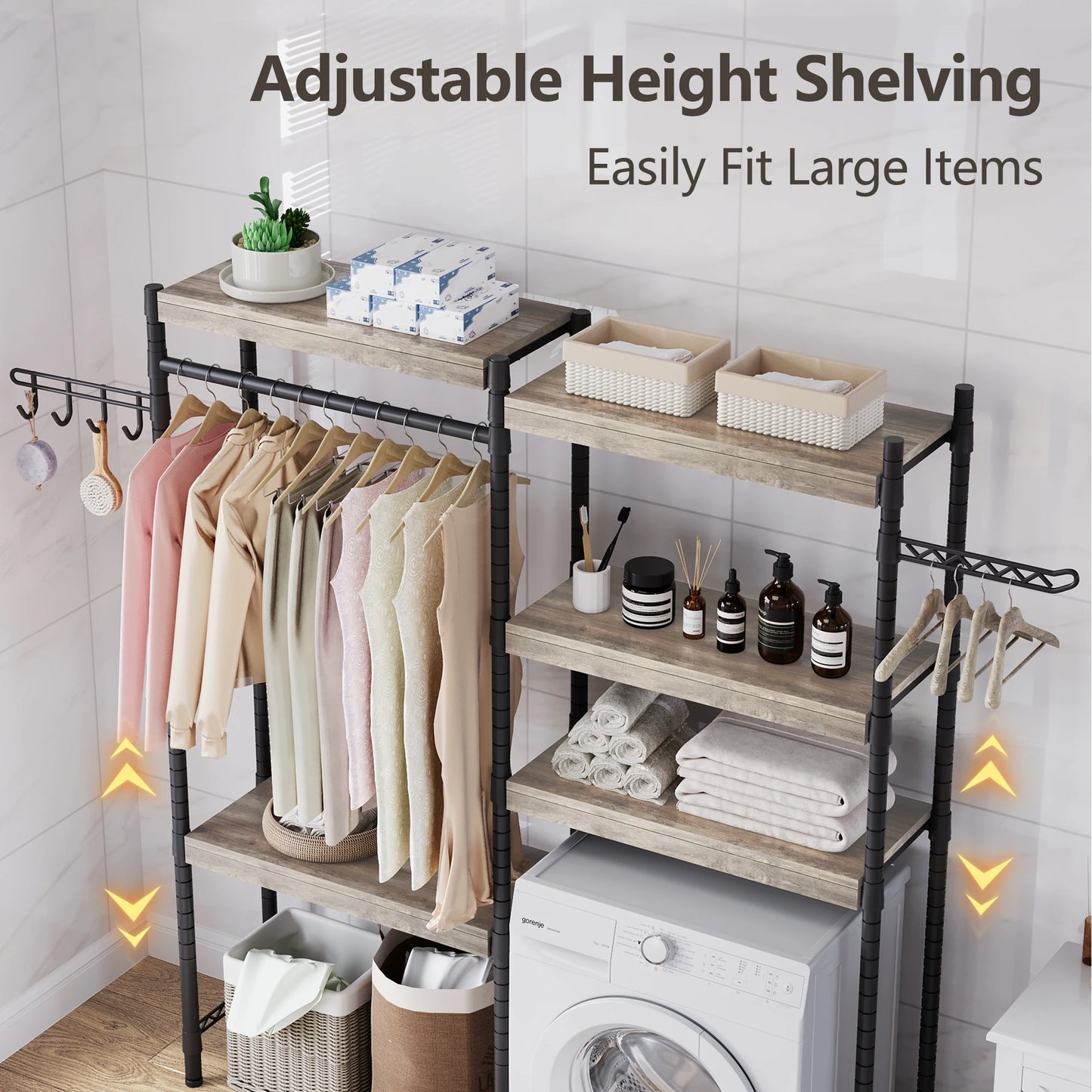 Over the Washer Dryer Shelf, 5-Tier Wood Laundry Organizer with Adjustable Height & Drying Rack for Laundry Room, Bathroom