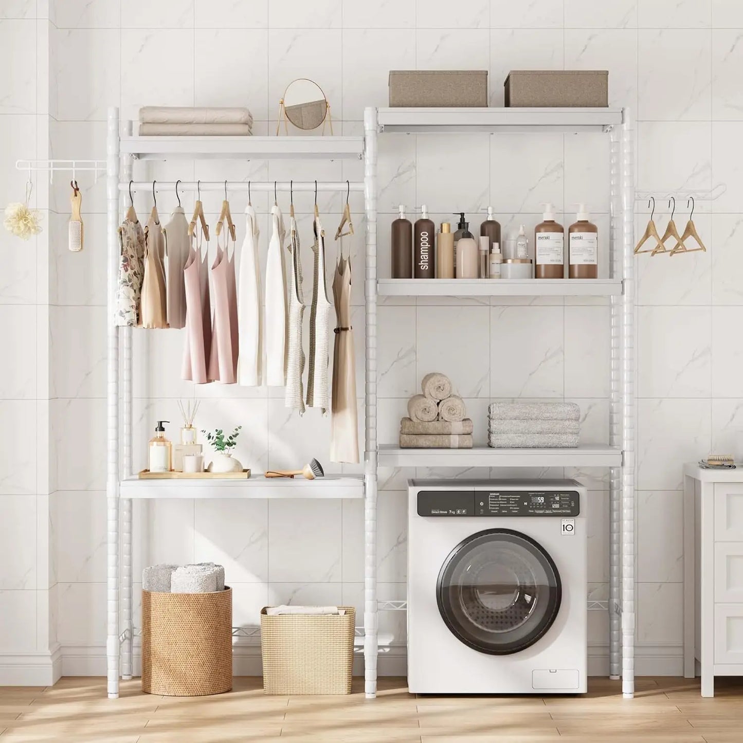 Over the Washer Dryer Shelf, 5-Tier Wood Laundry Organizer with Adjustable Height & Drying Rack for Laundry Room, Bathroom