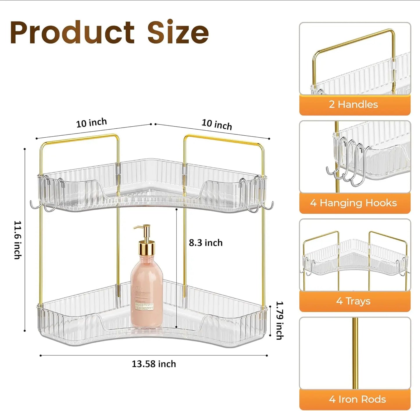 2-Tier Corner Bathroom Counter Organizer with Hooks for Skincare and Makeup Storage, Clear Design