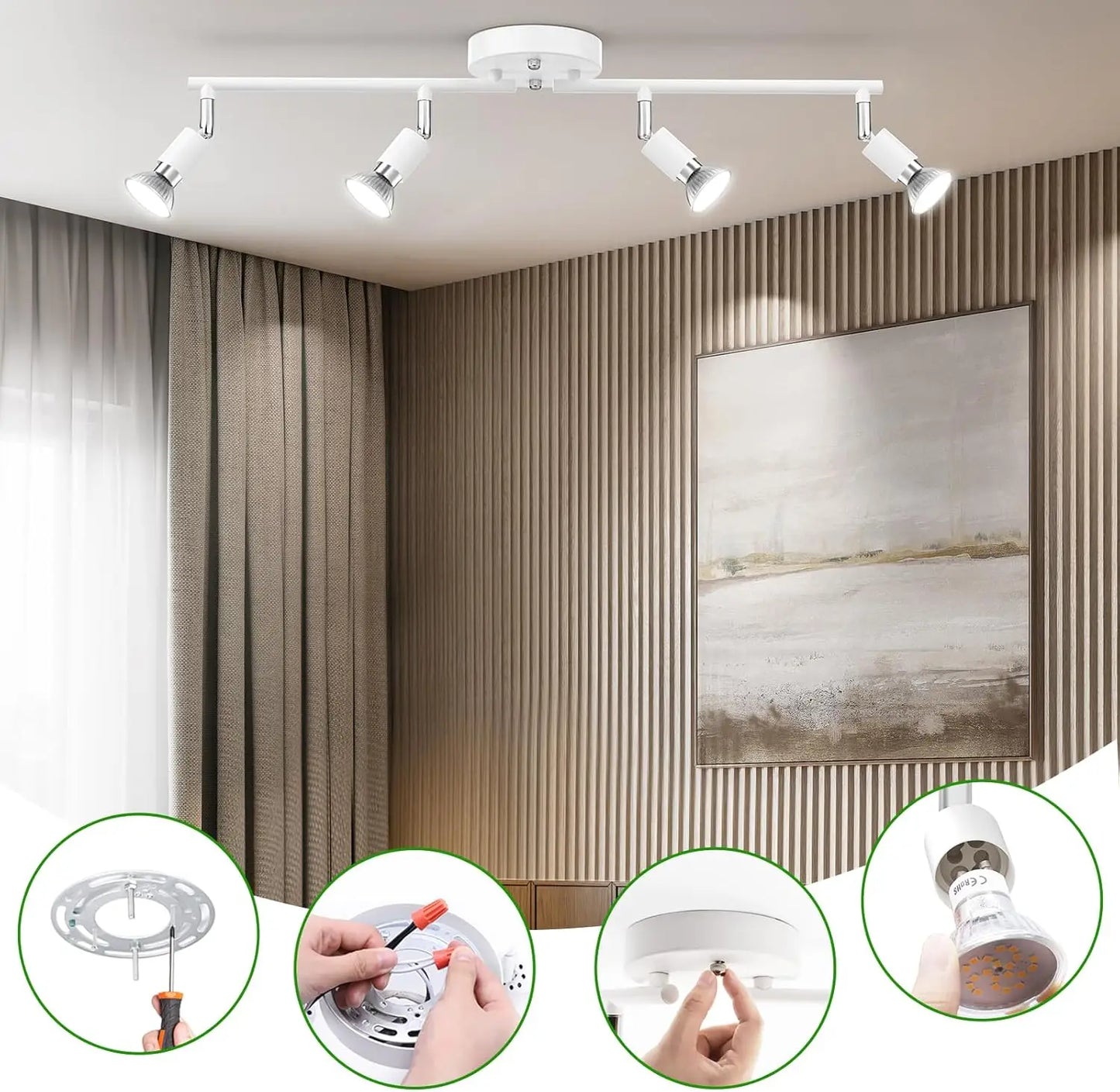 Track Lighting Kit, Modern White Ceiling Spot Lighting with Flexibly Rotatable Light Heads for Room/Hallway/Kitchen