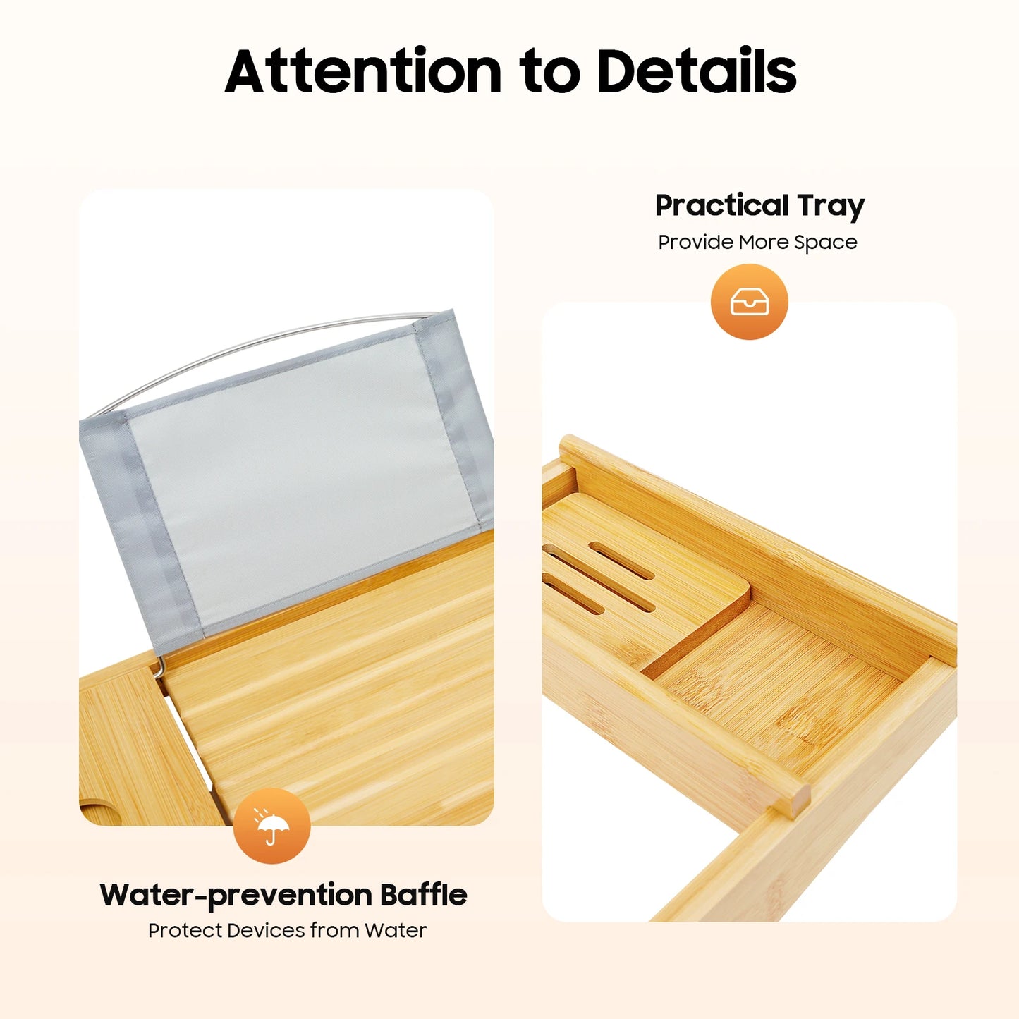 Expandable Bamboo Bathtub Tray 29.5-42.9in Waterproof Bath Caddy with Wine Glass Holder for Bathroom Organizer