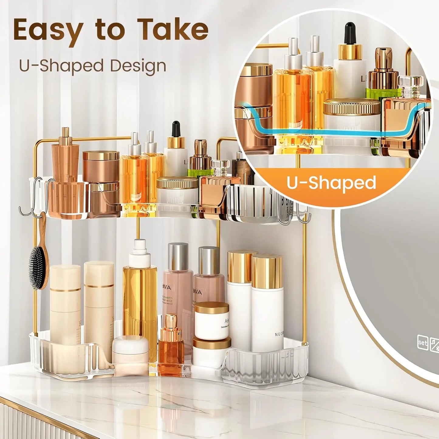 2-Tier Corner Bathroom Counter Organizer with Hooks for Skincare and Makeup Storage, Clear Design