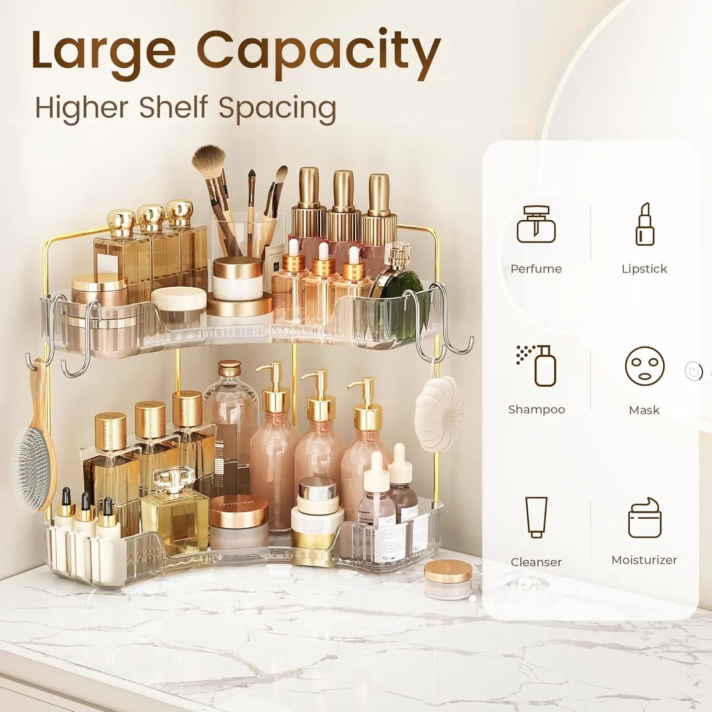 2-Tier Corner Bathroom Counter Organizer with Hooks for Skincare and Makeup Storage, Clear Design
