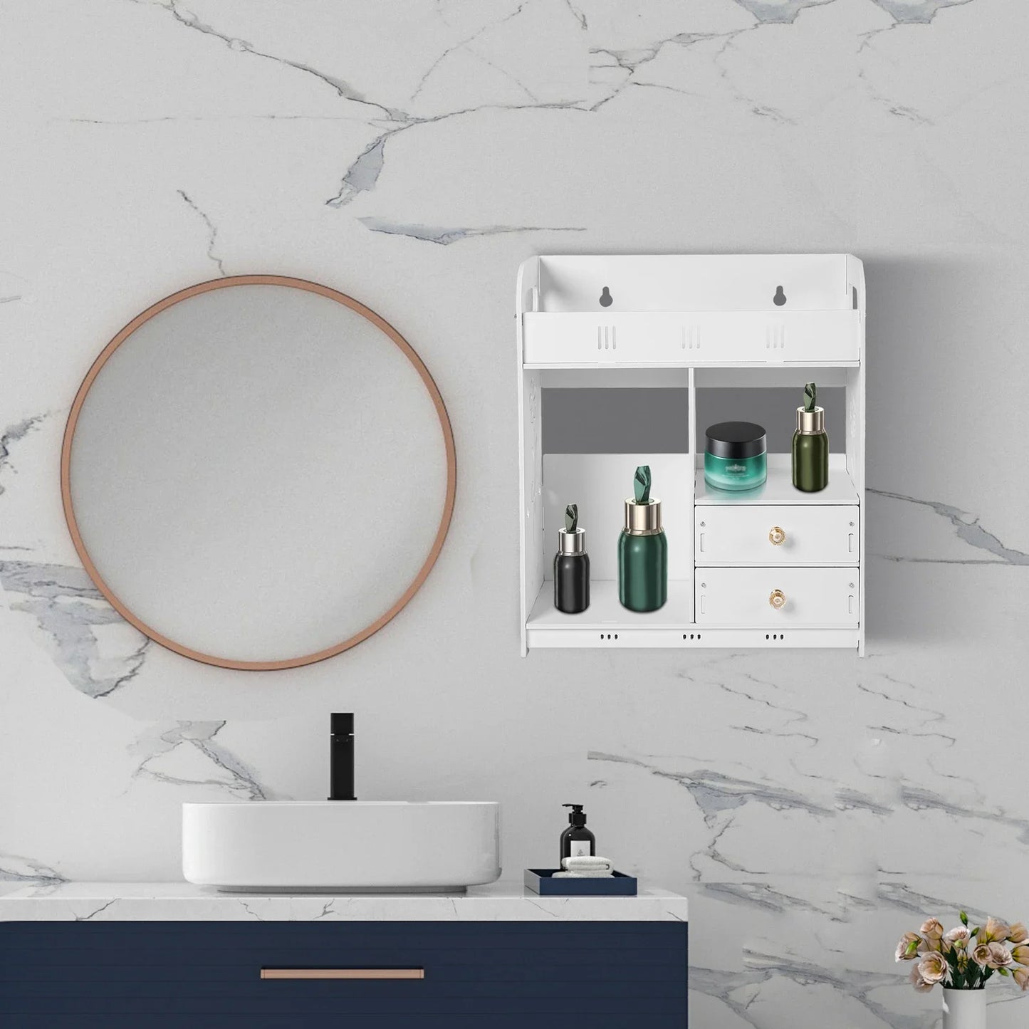 Bathroom Shelf White Wall Cabinet Bathroom Wall Mounted Wall Cabinet with 2 Drawers for Bathroom Storage Bathroom Organizer