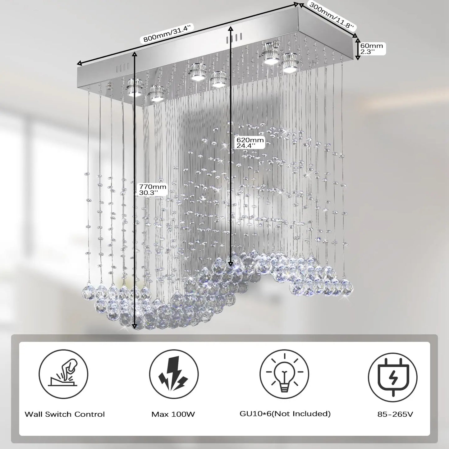 31.5'' Rectangular Linear Crystal Chandelier for Kitchen Island, 6-Light GU10 Hanging Pendant Light, Height Adjustable K9 Crysta
