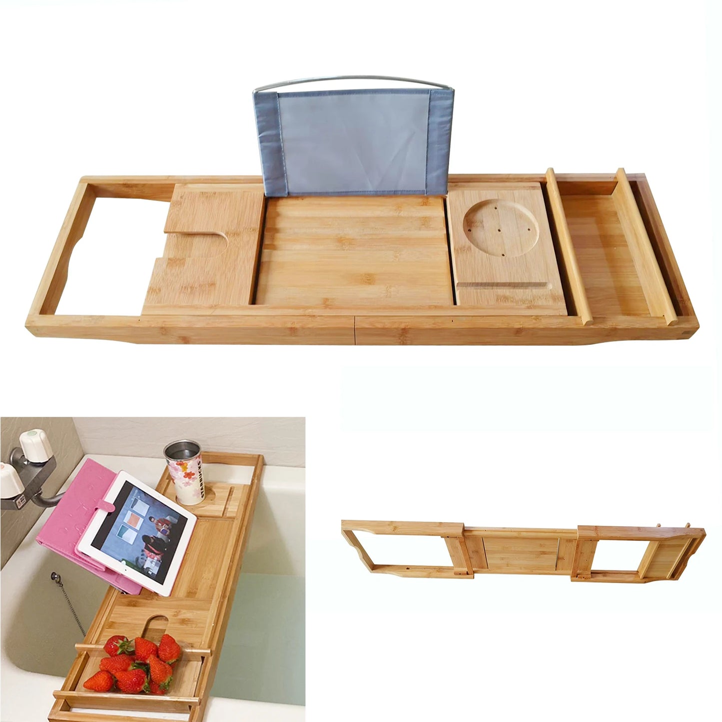 Expandable Bamboo Bathtub Tray 29.5-42.9in Waterproof Bath Caddy with Wine Glass Holder for Bathroom Organizer
