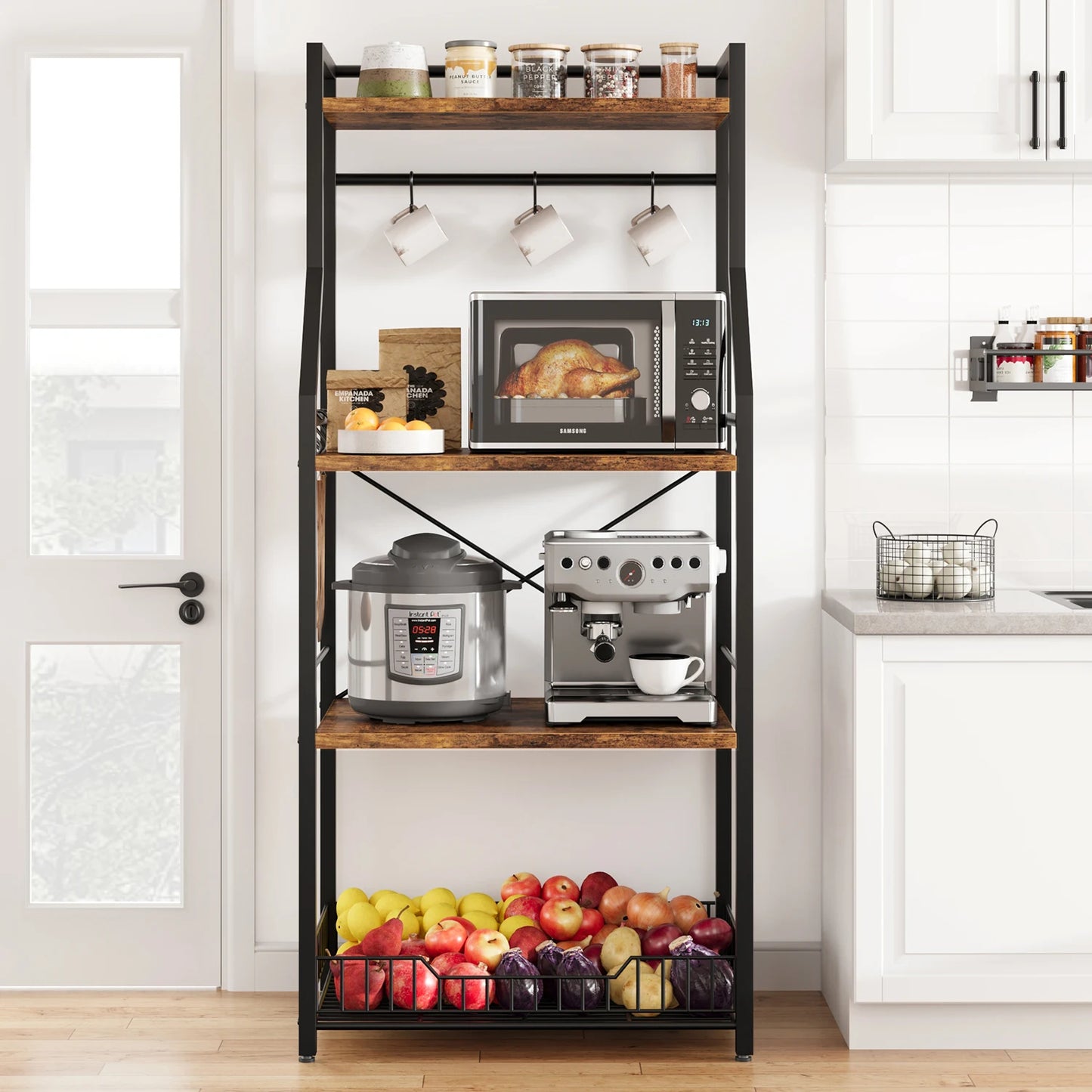 Kitchen Bakers Rack, Microwave Oven Stand with Large Wire Basket, 4-Tier Kitchen Utility Storage Shelf Coffee Bar Station