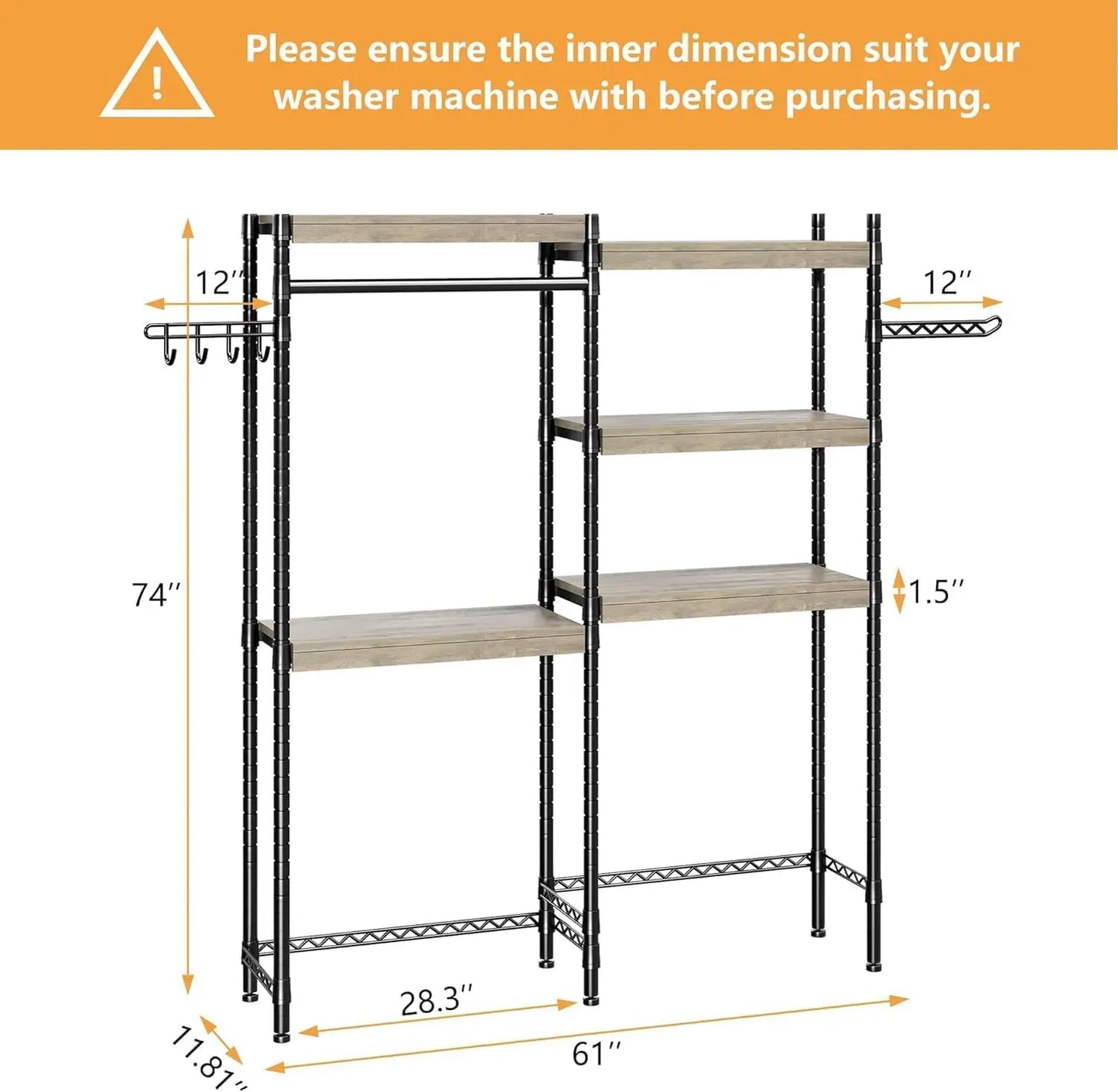 Over the Washer Dryer Shelf, 5-Tier Wood Laundry Organizer with Adjustable Height & Drying Rack for Laundry Room, Bathroom