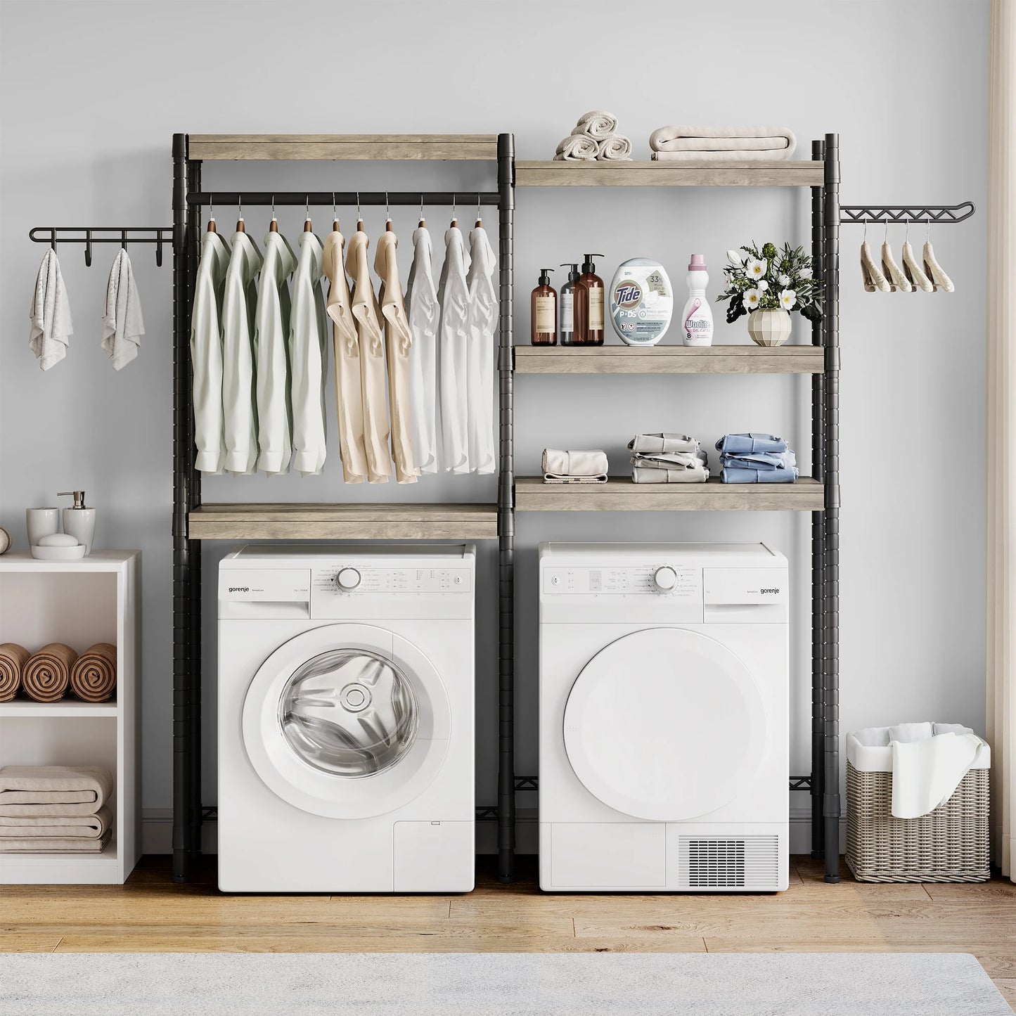 Over the Washer Dryer Shelf, 5-Tier Wood Laundry Organizer with Adjustable Height & Drying Rack for Laundry Room, Bathroom