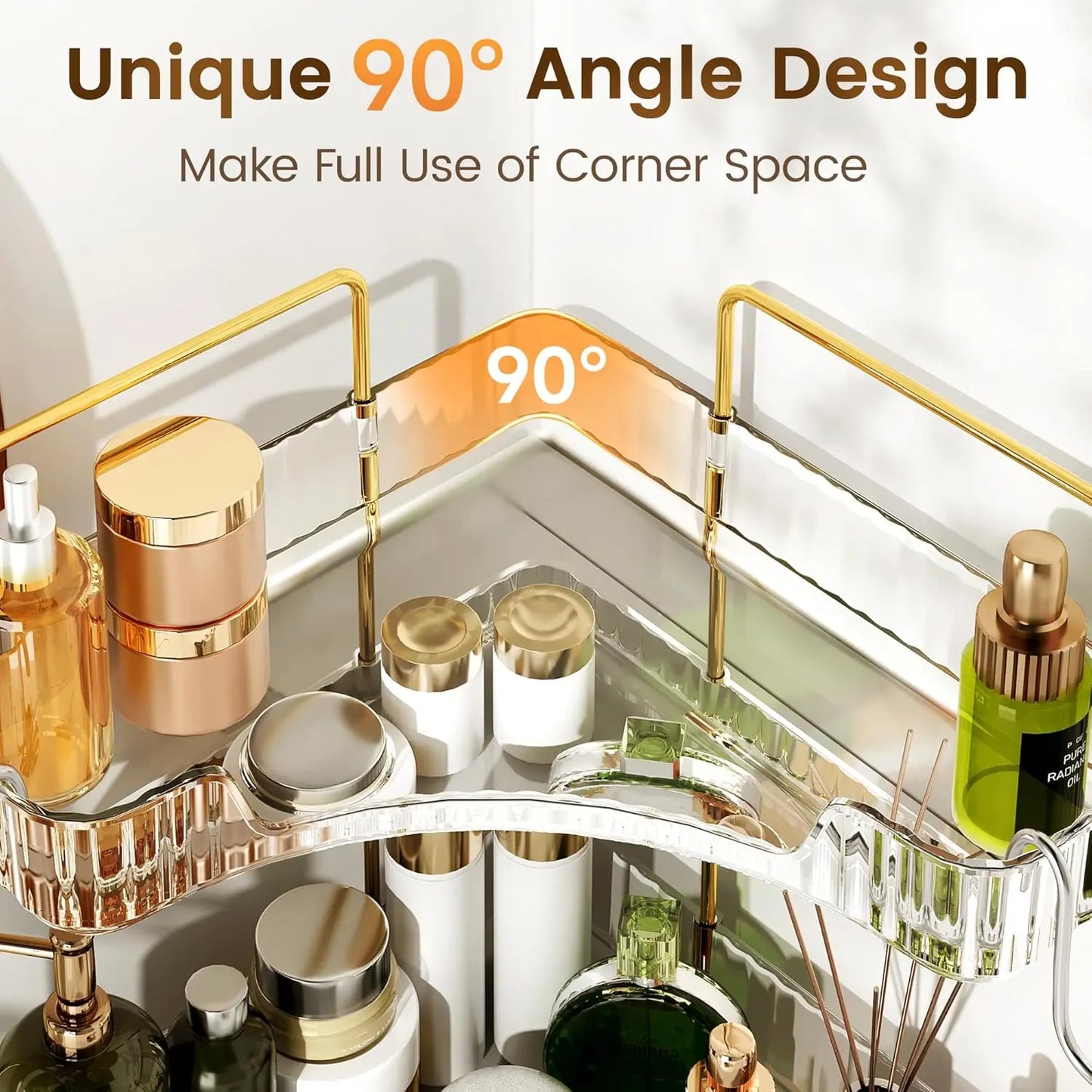 2-Tier Corner Bathroom Counter Organizer with Hooks for Skincare and Makeup Storage, Clear Design