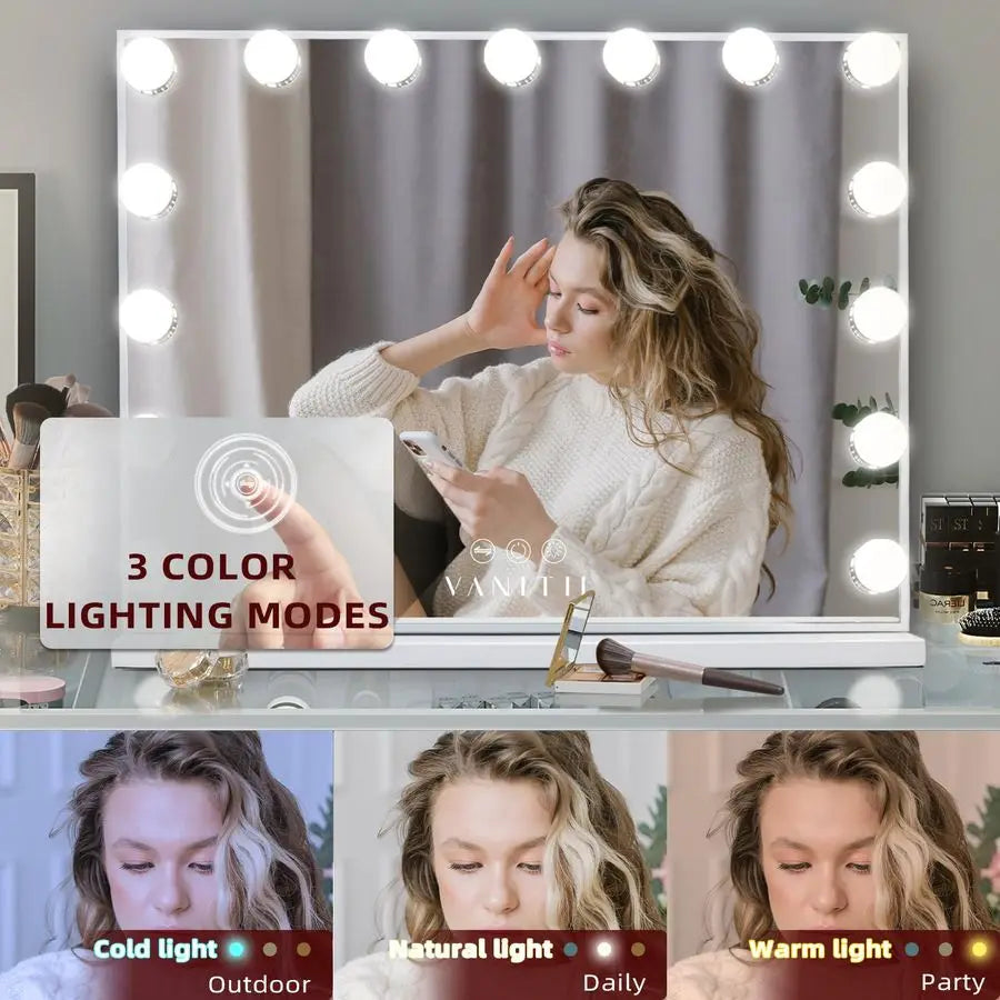 Hollywood Vanity Mirror with Lights USB Charging 22.818.1 Lighted Makeup Mirror with 15 LED Bulbs Dimmable 3 Modes Tabletop for