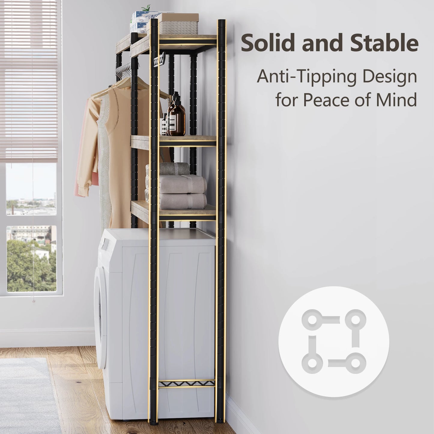 Over the Washer Dryer Shelf, 5-Tier Wood Laundry Organizer with Adjustable Height & Drying Rack for Laundry Room, Bathroom