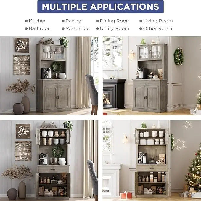 Kitchen Pantry Cabinet, 71 in Tall Kitchen Hutch Storage Cabinet with Microwave Stand, Freestanding Buffet Glass Doors for Dinin