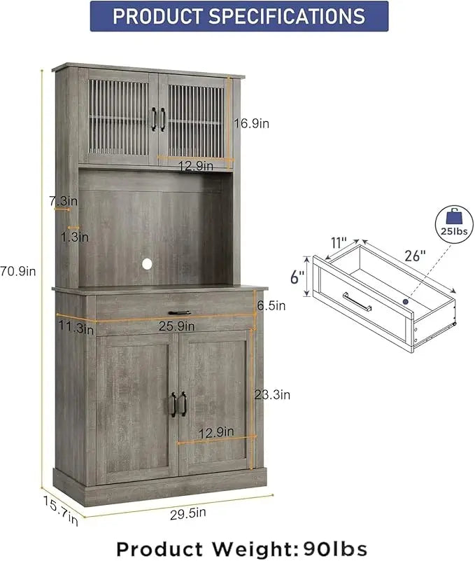 Kitchen Pantry Cabinet, 71 in Tall Kitchen Hutch Storage Cabinet with Microwave Stand, Freestanding Buffet Glass Doors for Dinin