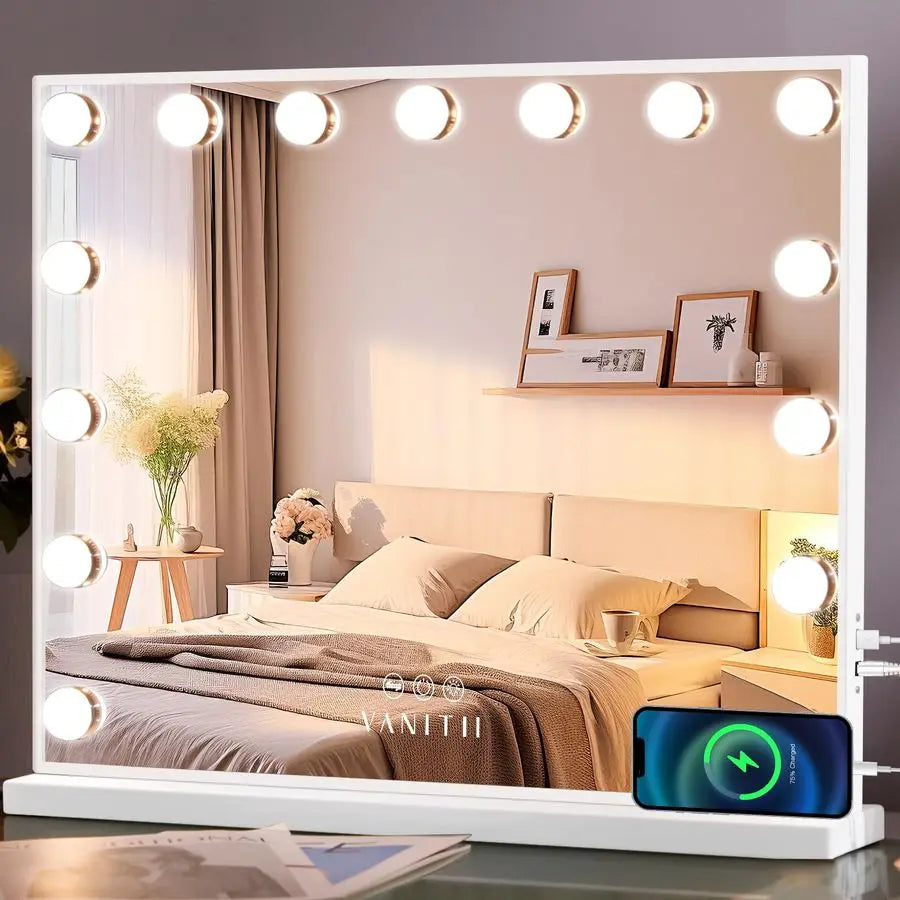 Hollywood Vanity Mirror with Lights USB Charging 22.818.1 Lighted Makeup Mirror with 15 LED Bulbs Dimmable 3 Modes Tabletop for