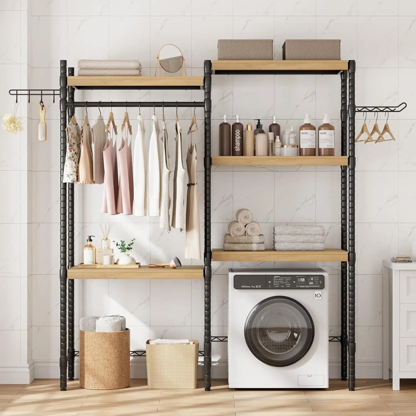 Over the Washer Dryer Shelf, 5-Tier Wood Laundry Organizer with Adjustable Height & Drying Rack for Laundry Room, Bathroom