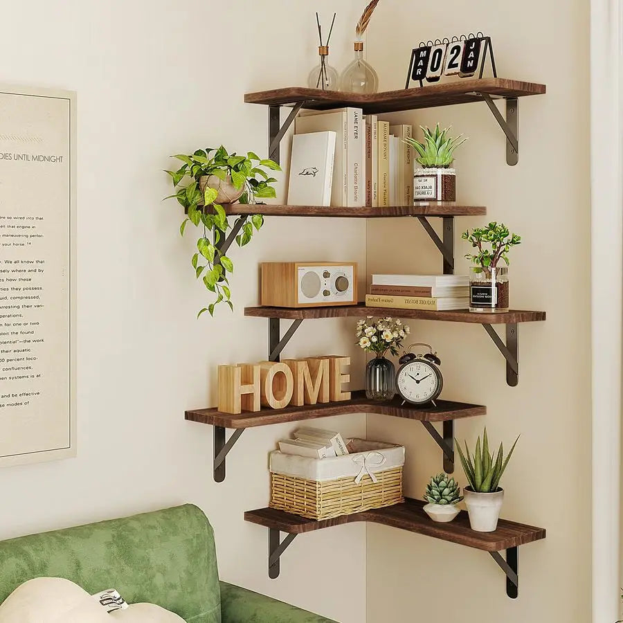 Floating Shelves for Wall, Rustic Wood Wall Mounted Corner Shelf for Bathroom, Kitchen, Bedroom, Home Decor, Laundry Room, Livin