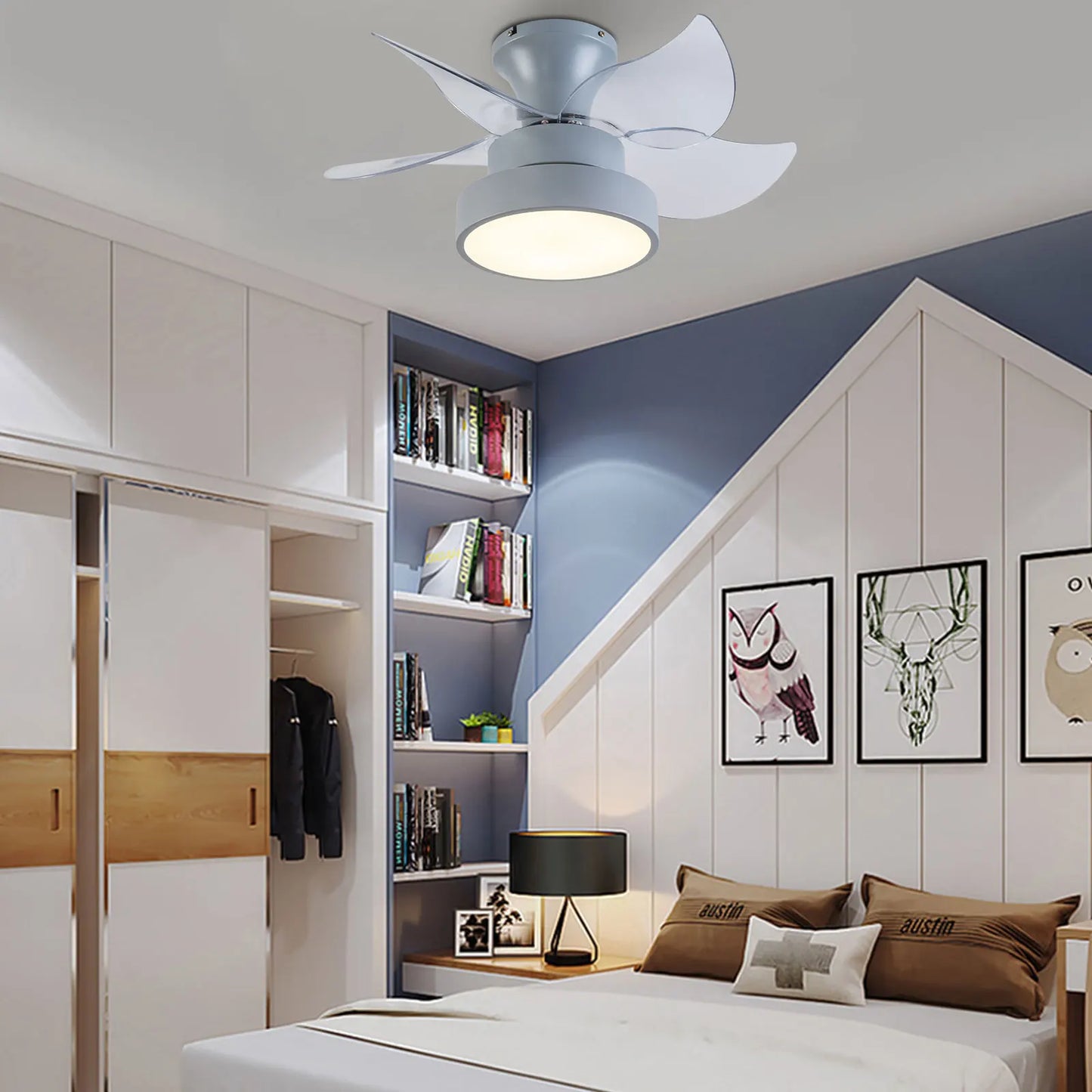 23 Inch Fan Pendant Light Gray - Tri Color Dimming Strip Remote Control for Bedroom, Study, Living Room