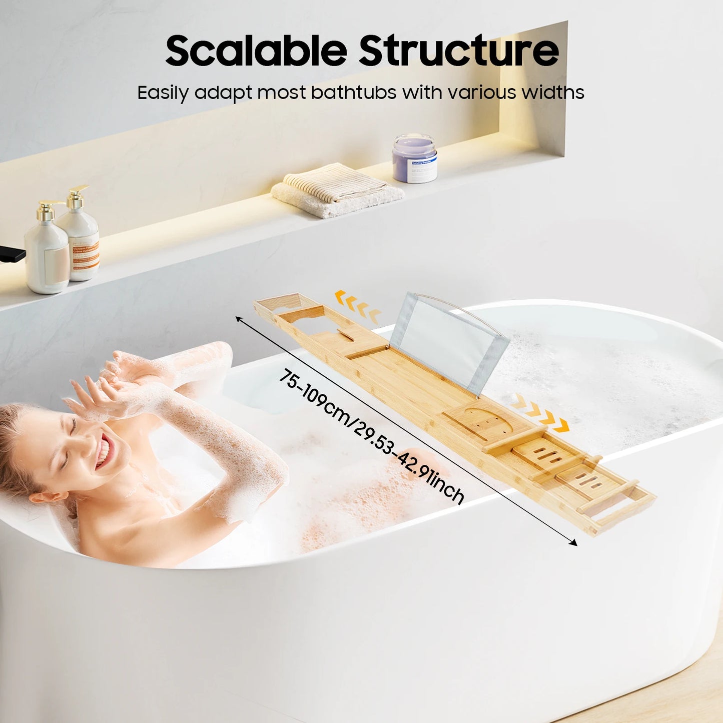 Expandable Bamboo Bathtub Tray 29.5-42.9in Waterproof Bath Caddy with Wine Glass Holder for Bathroom Organizer