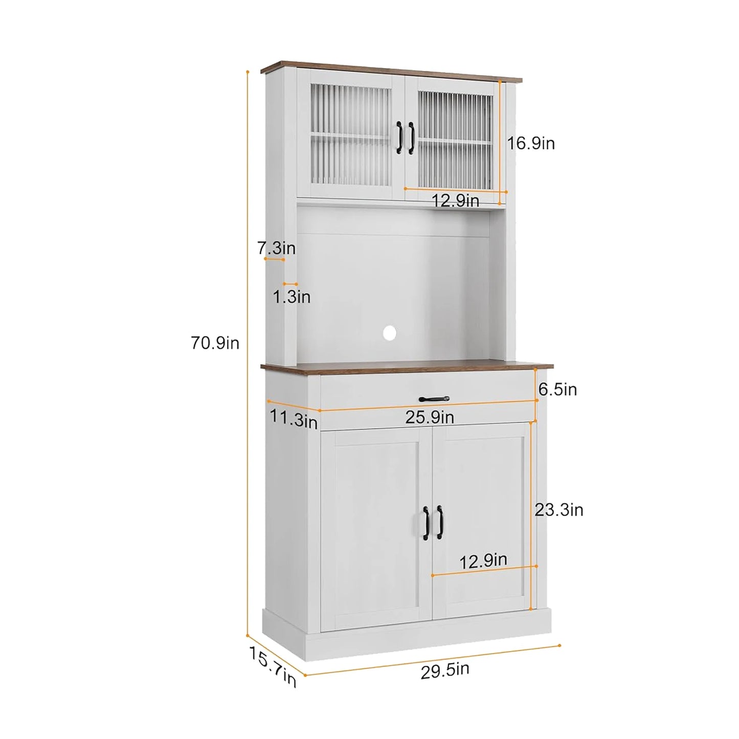 Kitchen Pantry Cabinet, 71 in Tall Kitchen Hutch Storage Cabinet with Microwave Stand, Freestanding Buffet Glass Doors for Dinin