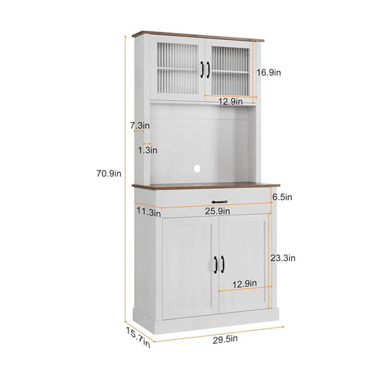 Kitchen Pantry Cabinet, 71 in Tall Kitchen Hutch Storage Cabinet with Microwave Stand, Freestanding Buffet Glass Doors for Dinin