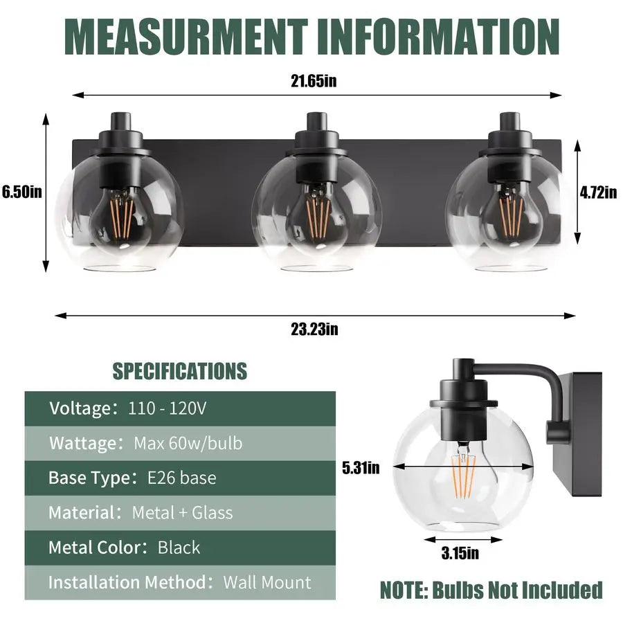 Bathroom Light FixturesMatte Black Vanity Lights for Bathroom, Modern Black Vanity Lights 3Light Bathrooms Lighting Fixtures Ove