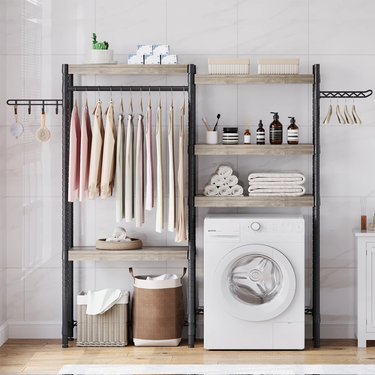 Over the Washer Dryer Shelf, 5-Tier Wood Laundry Organizer with Adjustable Height & Drying Rack for Laundry Room, Bathroom