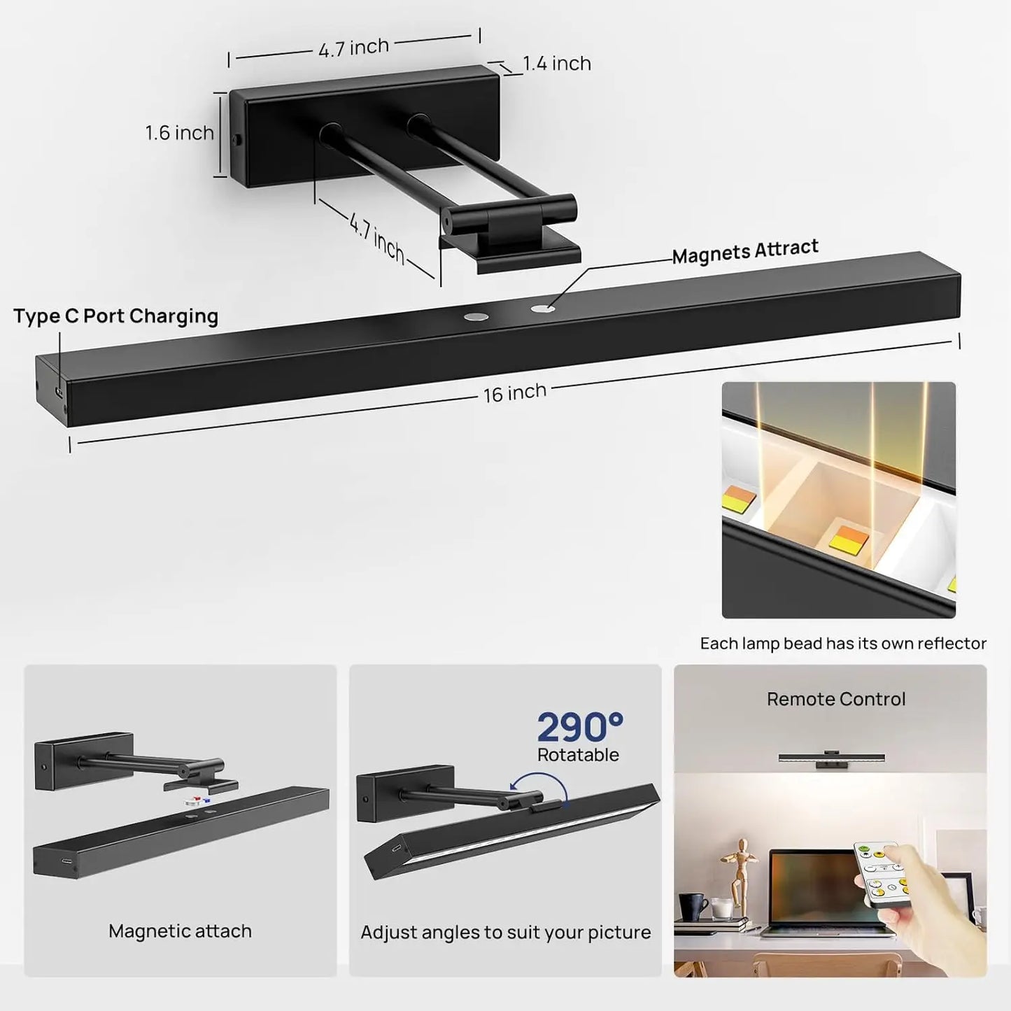 16in Wireless Art Light for Paintings CCT Dimmable Recharging Battery Picture Light with Remote Control for Gallery Dartboard